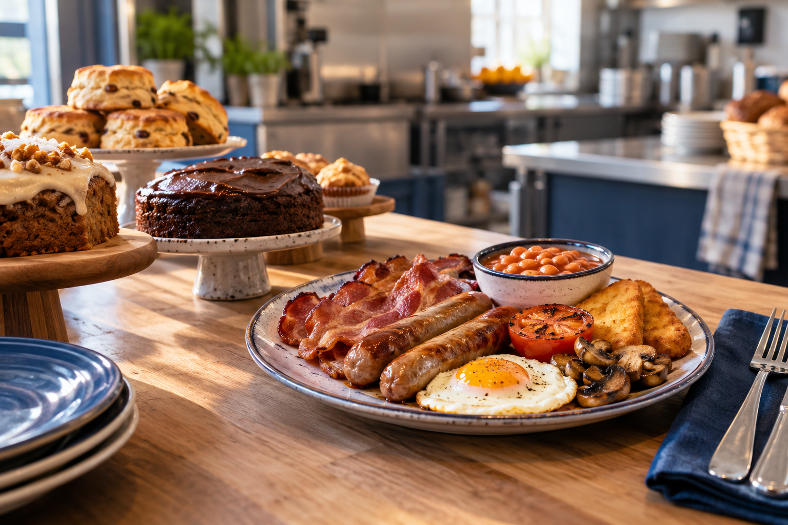 A cooked breakfast beside a selection of homemade cakes in a bright canteen kitchen